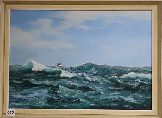 John Hewitt (1922-2006), oil on board, Ship on a rough sea, signed, 34 x 48cm and an unframed oil on canvas lake scene by A.